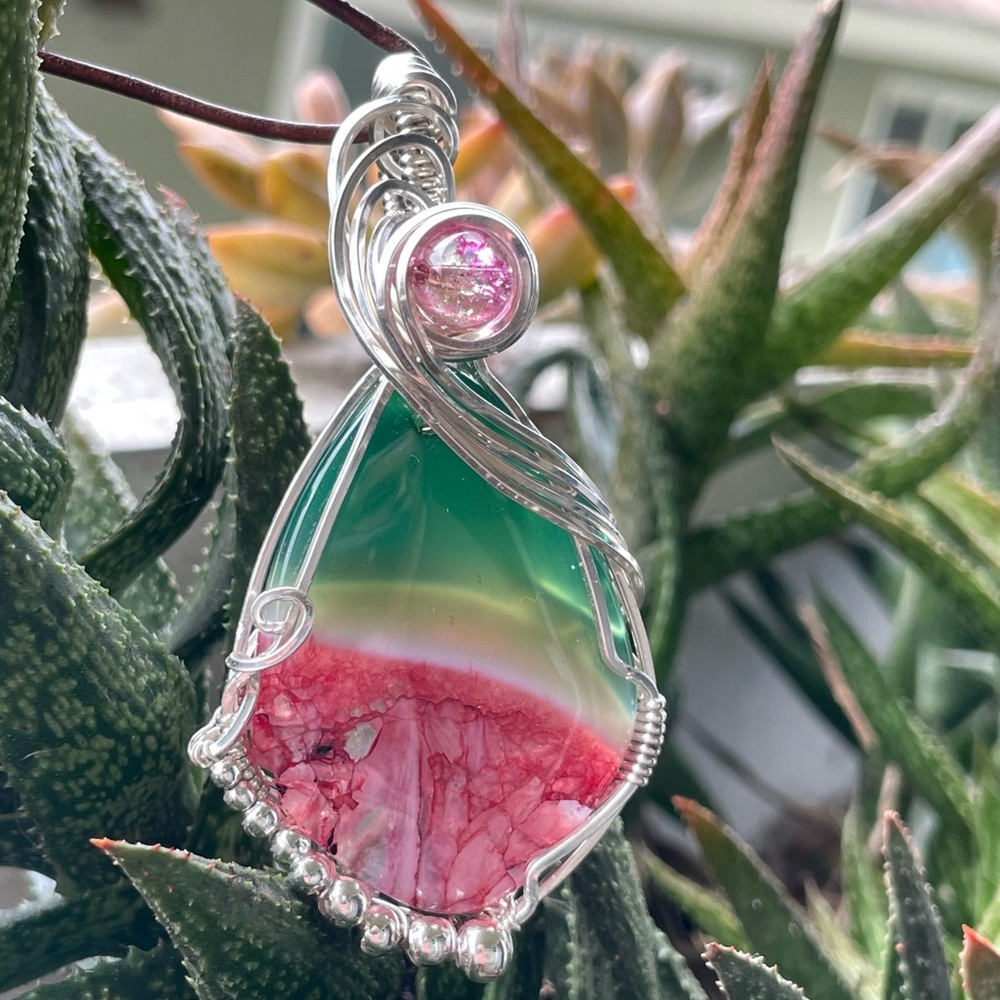 Watermelon Agate Hand Wrapped Pendant In Sterling Silver On Leather Cord